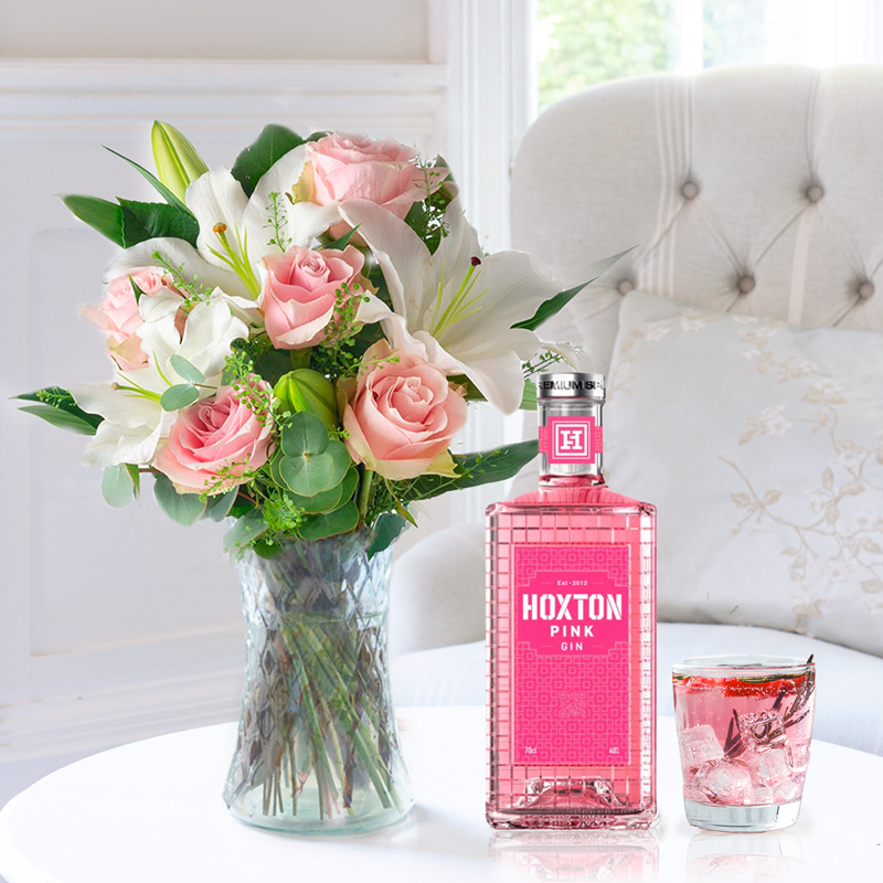 Flowers & Alcohol - Simply Pink Rose & Lily & Hoxton Pink Gin - Luxury Hand-Tied Flowers - Next Day Flower & Gift Delivery UK - Appleyard London