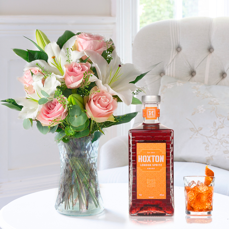Flowers & Alcohol - Simply Pink Rose & Lily & Hoxton London Spritz - Luxury Hand-Tied Flowers - Next Day Flower & Gift Delivery UK - Appleyard London