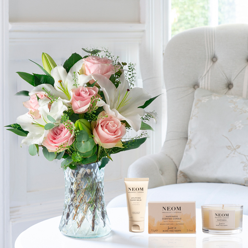 Flower Gift Set Simply Pink Rose & Lily, Neom Happiness Scented Candle & Uplifting Hand Balm - Pamper Gift Set - Flowers & Candle - Next