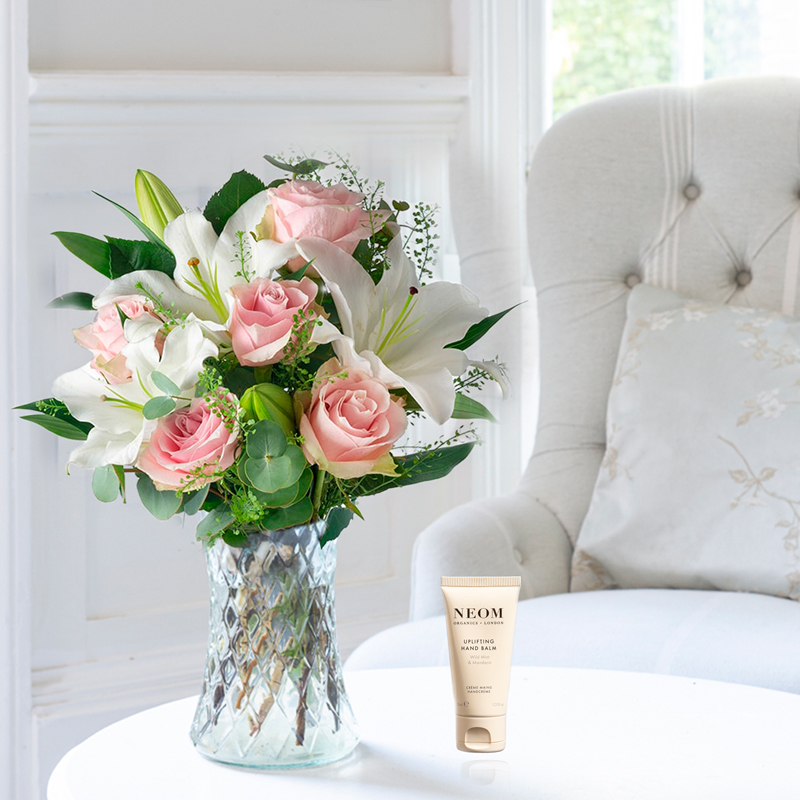 Flower Gift Set Simply Pink Rose & Lily, Neom Uplifting Handbalm & Nigella Vase - Pamper Gift Set - Flowers with Vase - Next Day Flower & Gift