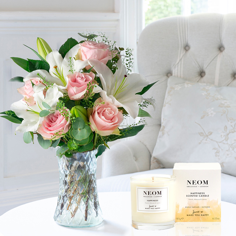 Flower Gift Set - Simply Rose & Lily & NEOM Happiness Candle - Pink - Roses & Lilies - Next Day Flower & Gift Delivery UK - Appleyard London