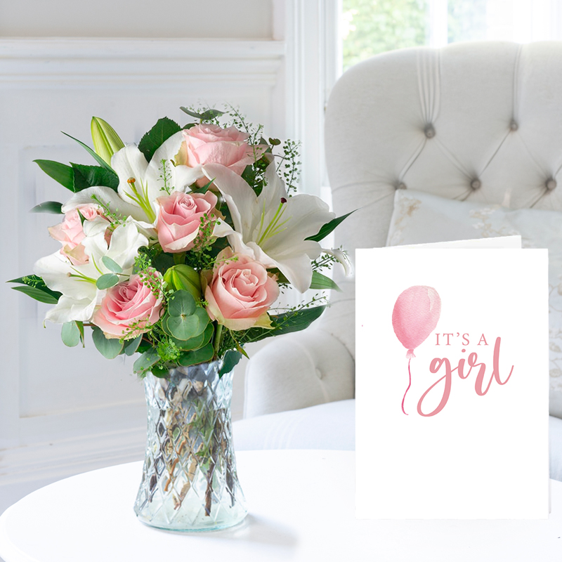 New Baby Plant Giftset - New Baby Flower Gift Set Simply Pink Rose & Lily & New Baby Girl Card - Next Day Flower & Gift Delivery UK - Appleyard London