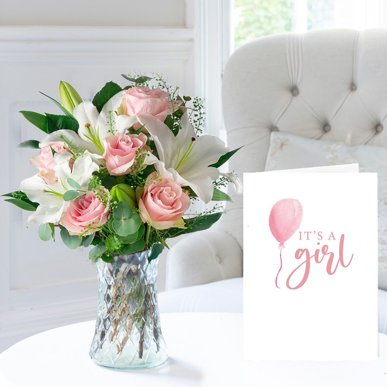 New Baby Plant Giftset - New Baby Flower Gift Set - Simply Pink Rose & Lily & New Baby Girl Card - New Baby Gift - Flowers & Card Gift - Pink Roses &