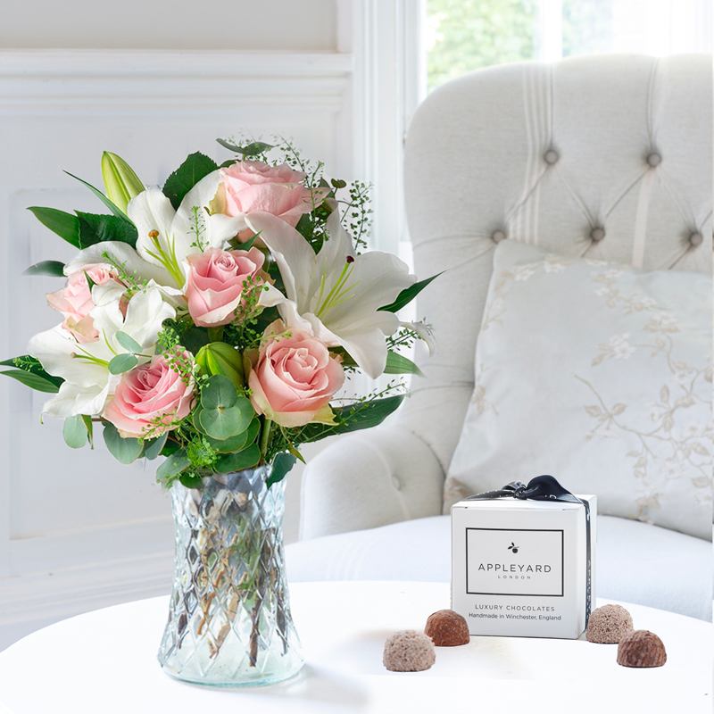 Flowers & Chocolates Simply Pink Rose & Lily & 6 Handmade Chocolate Truffles - Flowers & Chocolates Gift Set - Next Day Flower & Gift Delivery UK