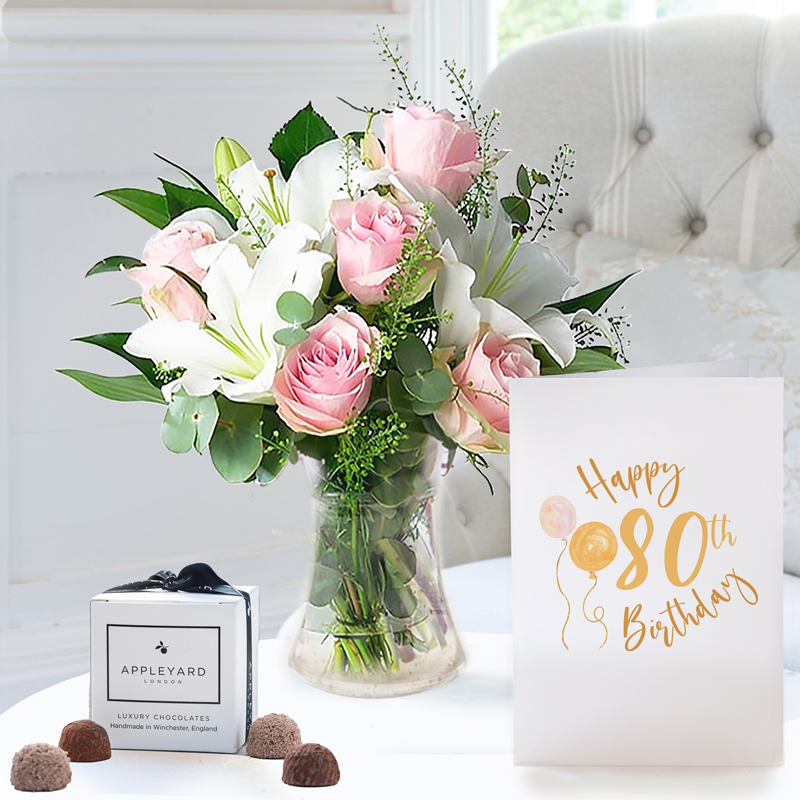 80th Birthday Gift Flower Gift Set - Birthday Gift - Pink Roses & Lilies with Truffles - Next Day Flower & Gift Delivery UK - Appleyard London