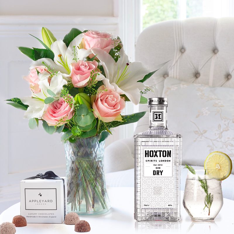 Flower Gift Set - Simply Rose & Lily, Hoxton Dry Gin & 6 Mixed Truffles - Pink - Eucalyptus & Lilies - Next Day Flower & Gift Delivery UK - Appleyard