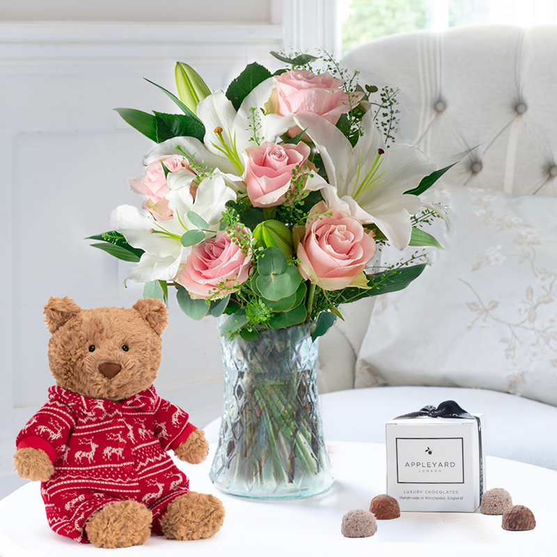 Flower Gift Set - Simply Rose & Lily, Jellycat Bartholomew Bear In Pyjamas & 6 Appleyard Truffles - Pink - Eucalyptus & Lilies - Next Day