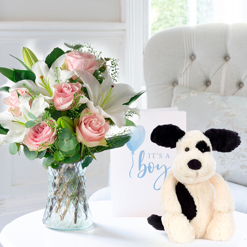 New Baby Flower Gift Set - Simply Rose & Lily, Jellycat Bashful & Puppy & Baby Boy Card - Black - Roses & Lilies - Next Day Flower & Gift Delivery UK