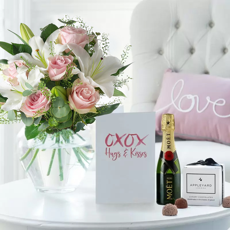 Romance Flower Gift Set Simply Pink Rose & Lily, Mini Moët, 6 Chocolate Truffles & Romance Card - Romantic Gift Set - Flowers, Moët Champagne &