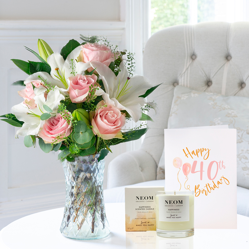 40th Birthday Gift Flower Gift Set - Simply Rose & Lily, NEOM Happiness Candle & Birthday Card - Pink - Roses & Lilies - Next Day Flower & Gift