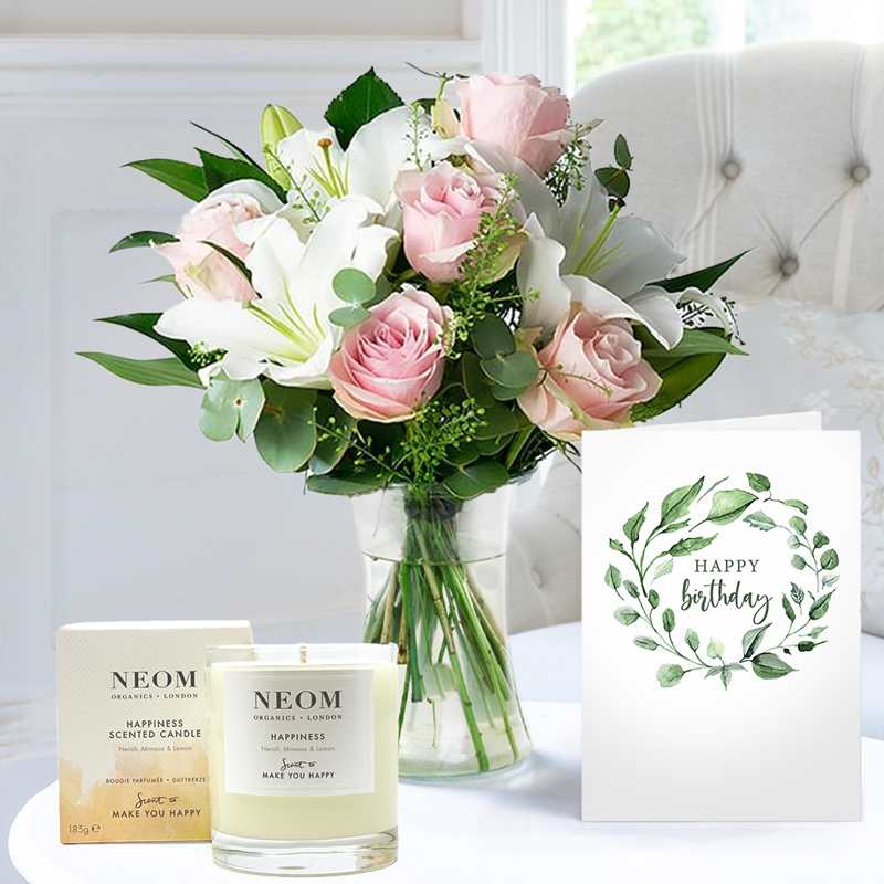 Birthday Flower Gift Set Simply Pink Rose & Lily, NEOM Candle & Birthday Card - Birthday Gifts to Truly Wow - Next Day Flower & Gift Delivery UK -