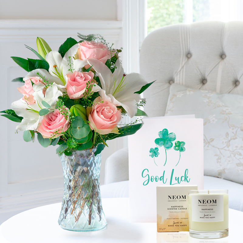 Flower Gift Set Good Luck - Simply Rose & Lily - NEOM Happiness Candle & Card - Eucalyptus & Lilies - Next Day Flower & Gift Delivery UK - Appleyard