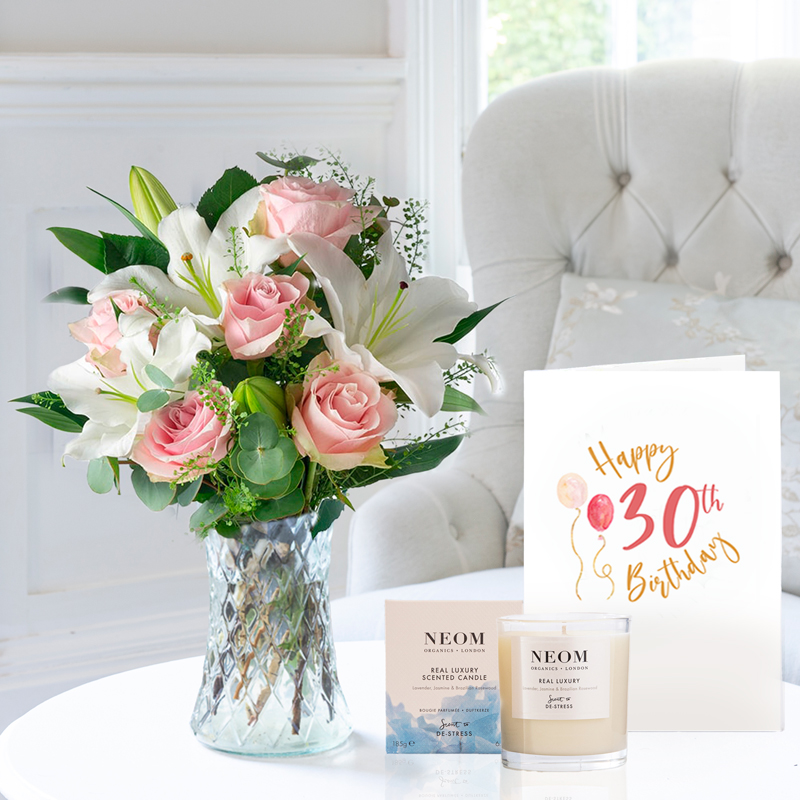 30th Birthday Gift Flower Gift Set - Birthday Gift - Pink Roses & Lilies With NEOM Candle - Next Day Flower & Gift Delivery UK - Appleyard London