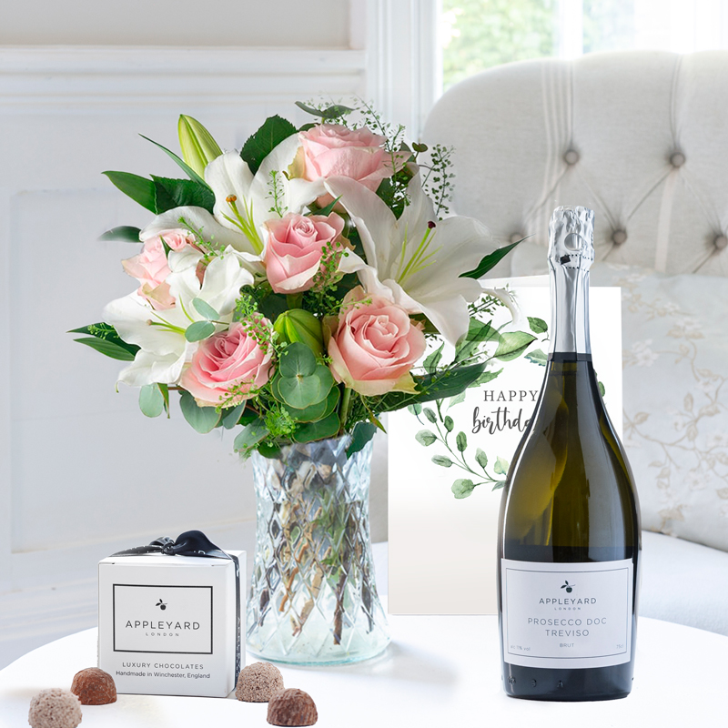 Birthday Flower Gift Set Simply Pink Rose & Lily, Prosecco, 6 Chocolate Truffles & Birthday Card - Birthday Gift - Flowers, Prosecco & Chocolates -