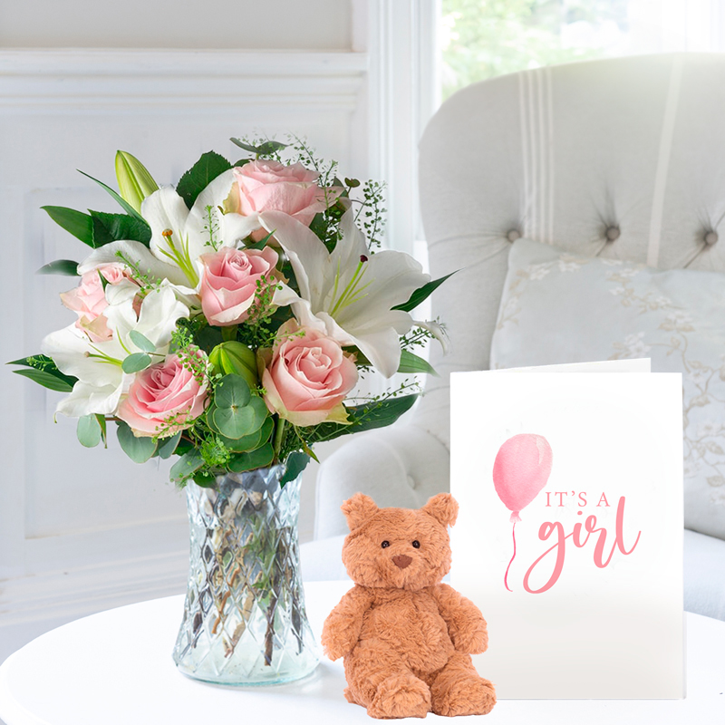 Flowers & Jellycat Simply Pink Rose & Lily, Small Bartholomew Bear, Vase & New Baby Girl Card - - Next Day Flower & Gift Delivery UK - Appleyard