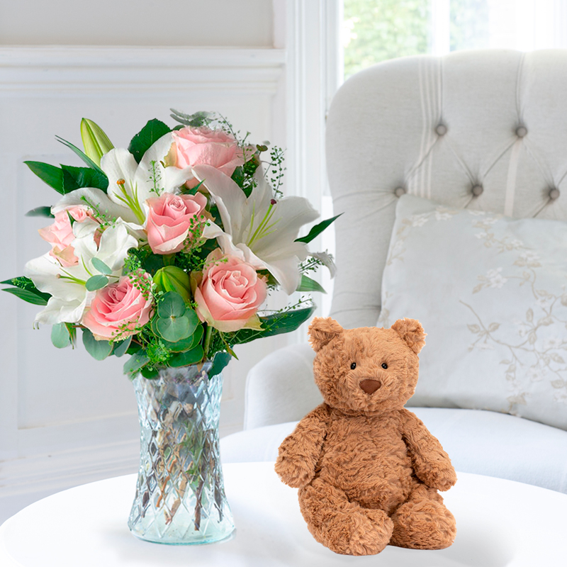 Flowers & Jellycat Simply Pink Rose & Lily, Vase & Medium Bartholomew Bear - Next Day Flower & Gift Delivery UK - Appleyard London