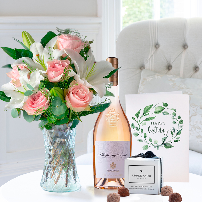Birthday Flower Gift Set - Pink Roses & White Lilies, Whispering Angel, Truffles & Birthday Card - Birthday Gifts to Truly Wow - Next Day Flower &