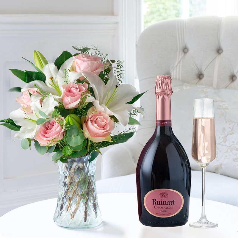 Flower Gift Set - Simply Rose & Ruinart Rosé - Pink - Eucalyptus & Lilies - Next Day Flower & Gift Delivery UK - Appleyard London