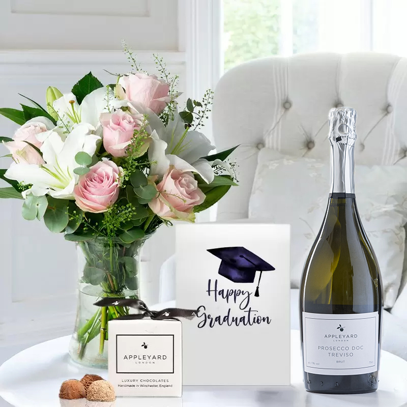 Flower Gift Set Graduation - Simply Rose & Lily, Prosecco, 6 Mixed Truffles & Card - Pink - Roses & Lilies - Next Day Flower & Gift Delivery UK