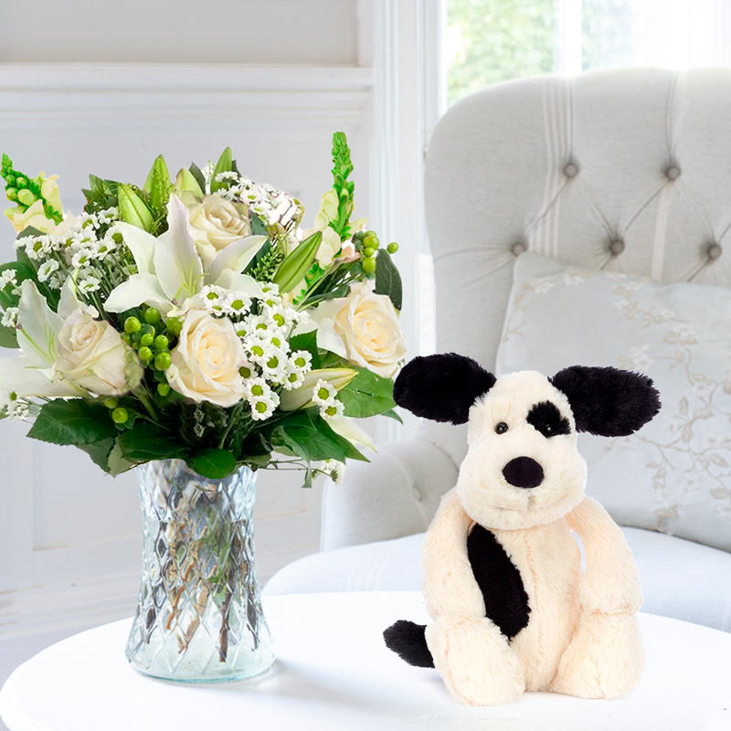 Flower Gift Set - Simply Rose & Lily & Jellycat Bashful & Puppy - Black - Antirrhinum & Chrysanthemum - Next Day Flower & Gift Delivery UK