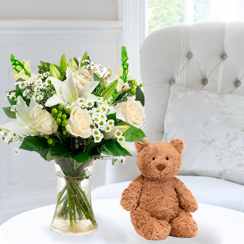 Flowers & Jellycat Simply White Rose & Lily & Jellycat Bartholomew Bear - Next Day Flower & Gift Delivery UK - Appleyard London