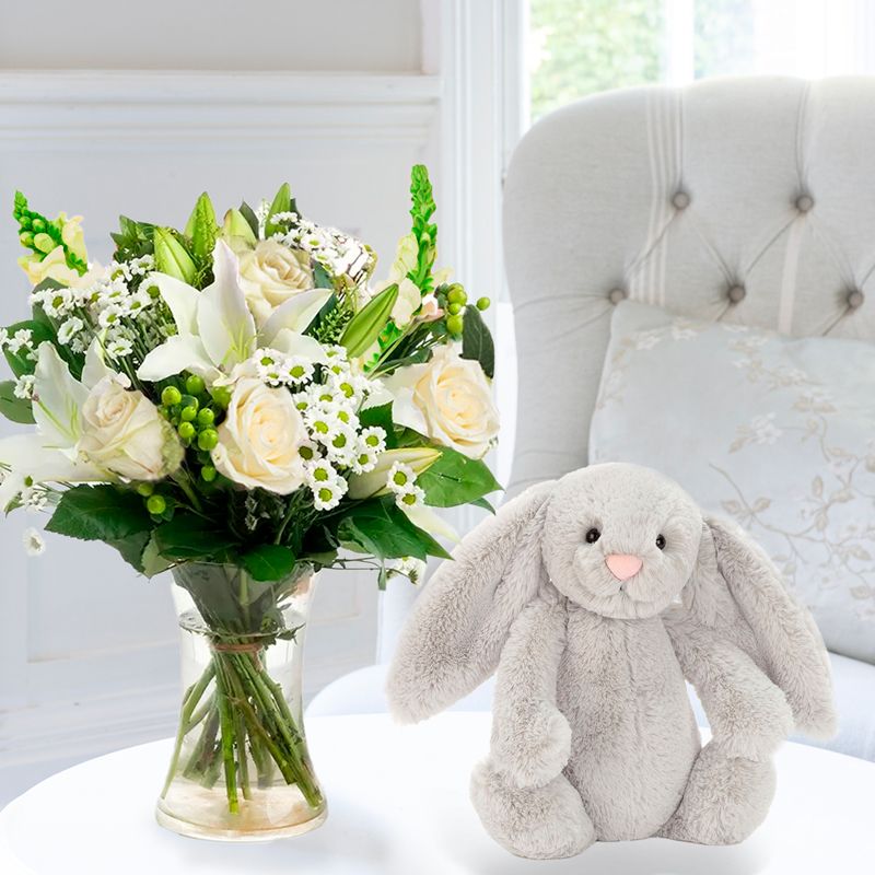 Flower Gift Set Simply Rose & Lily & Jellycat Bashful Bunny - Silver - Next Day Flower & Gift Delivery UK - Appleyard London