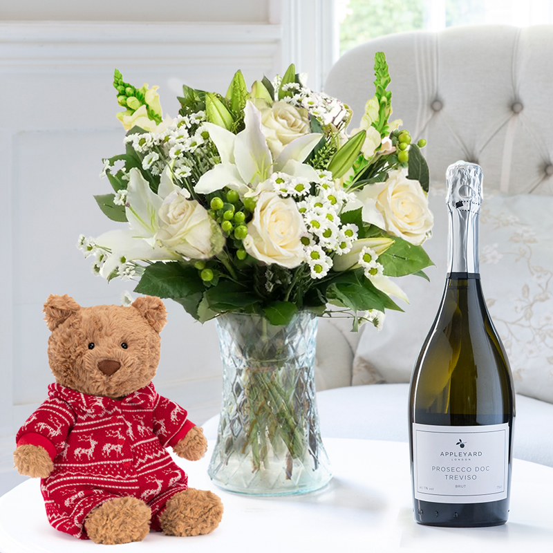 Flower Gift Set - Simply Rose & Lily, Jellycat Bartholomew Bear In Pyjamas & Appleyard Prosecco - White - Antirrhinum & Chrysanthemum