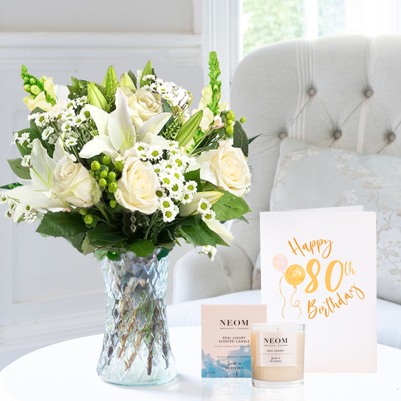 80th Birthday Gift Flower Gift Set - Simply Rose & Lily, NEOM Real Luxury Candle & Birthday Card - White - Lilies & Roses - Next Day Flower & Gift