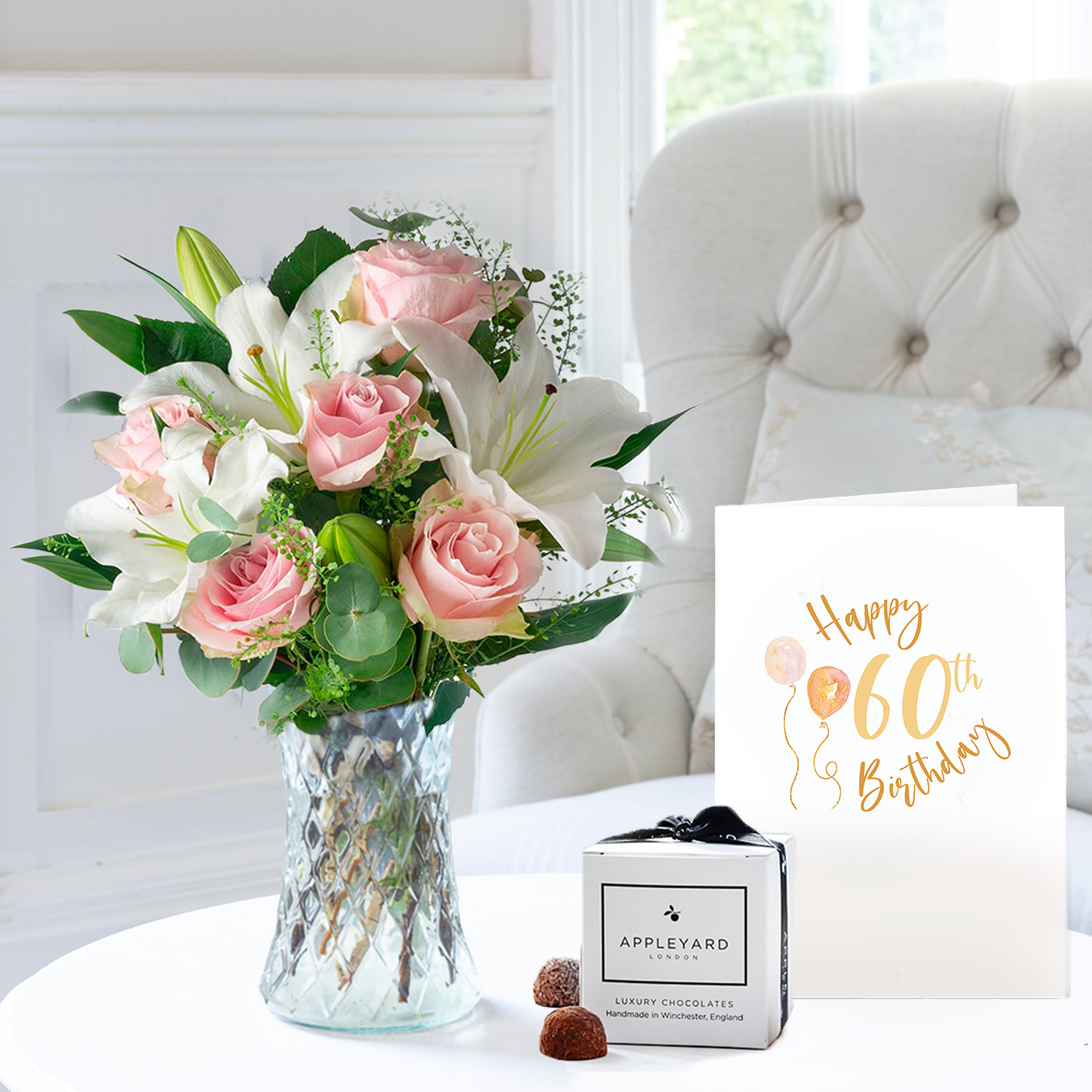 60th Birthday Gift Flower Gift Set - Birthday Gift - Pink Roses & Lilies with Truffles - Next Day Flower & Gift Delivery UK - Appleyard London