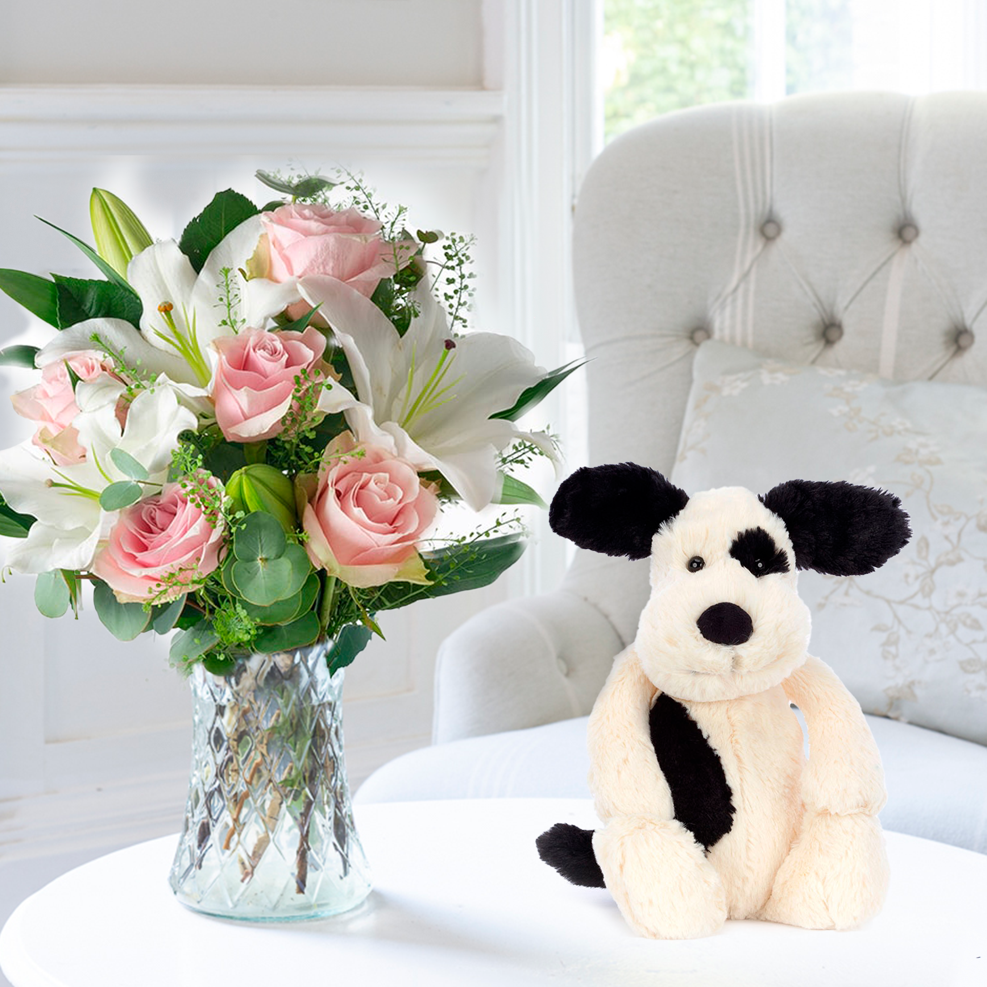 Flower Gift Set - Simply Rose & Lily & Jellycat Bashful & Puppy - Black - Eucalyptus & Lilies - Next Day Flower & Gift Delivery UK - Appleyard