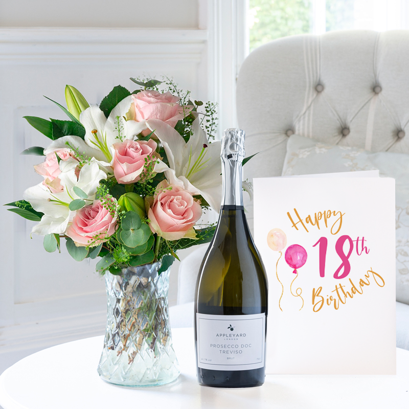 18th Birthday Gift Flower Gift Set - Birthday Gift - Pink Roses & Lilies with Prosecco - Next Day Flower & Gift Delivery UK - Appleyard London
