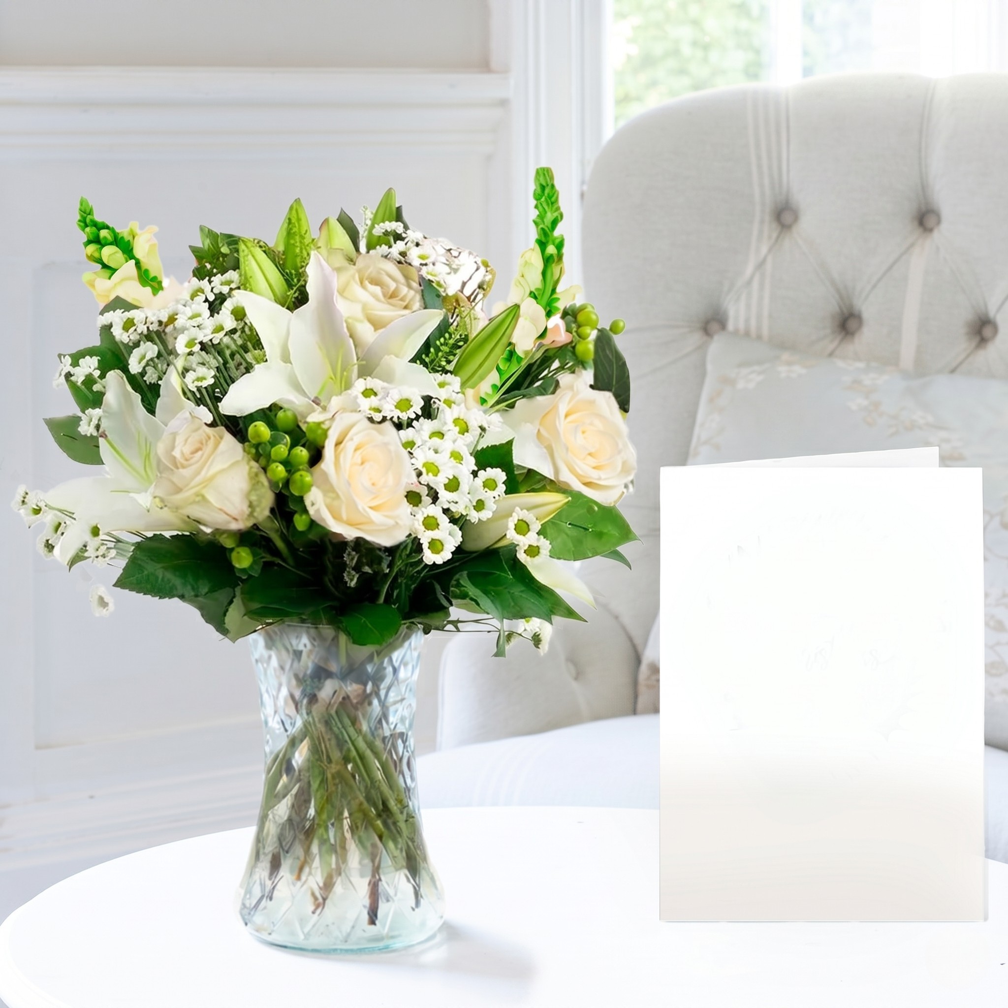 Flowers & Vase Simply White Rose & Lily, Vase & Card - Seasonal Flowers - Next Day Flower & Gift Delivery UK - Appleyard London