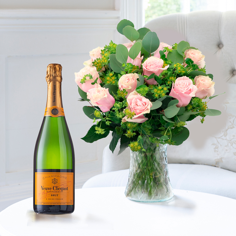 Flowers & Champagne 12 Luxury Pink Roses & Veuve Clicquot Champagne - Next Day Flower & Gift Delivery UK - Appleyard London