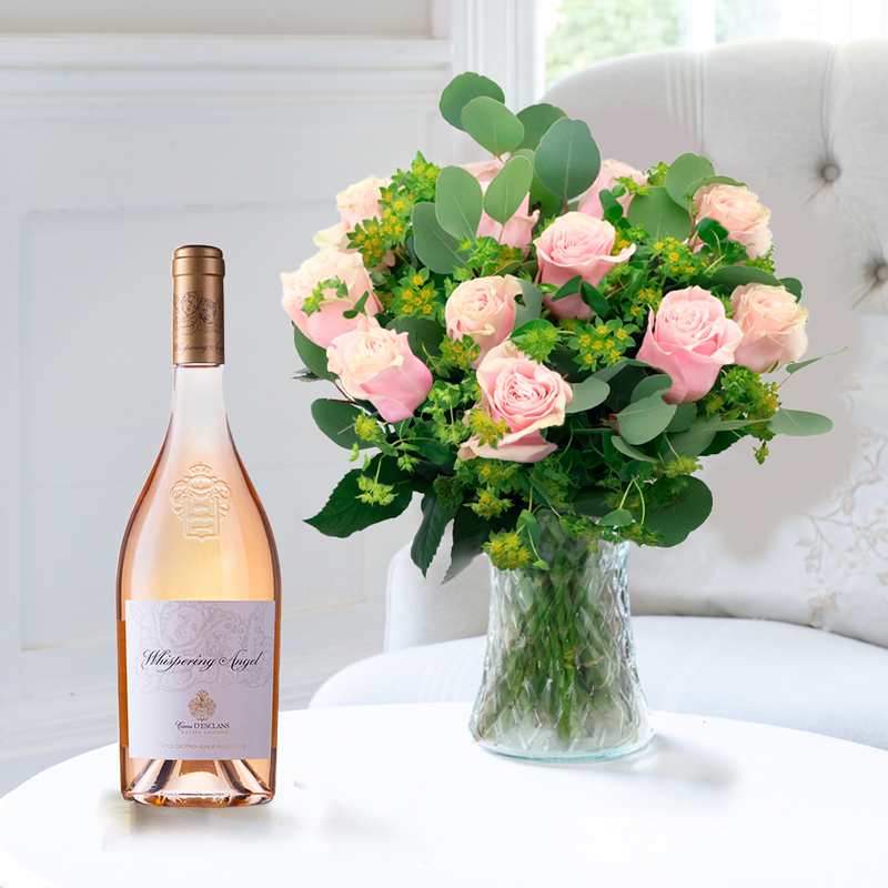 Flower Gift Set 12 Luxury Pink Roses & Whispering Angel Rosé Wine - Whispering Angel Gift Set - Next Day Flower & Gift Delivery UK