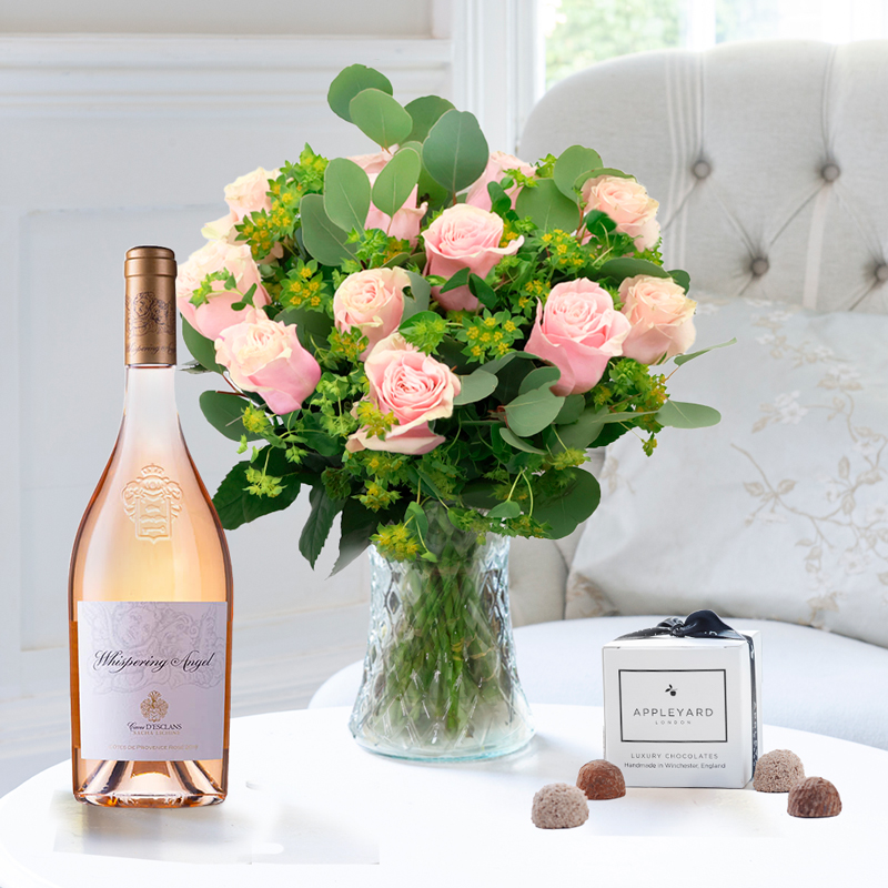Flower Gift Set 12 Pink Roses, Whispering Angel & 6 Mixed Truffles - Flowers, Rosé Wine & Chocolates - Flowers gift set delivered nationwide -