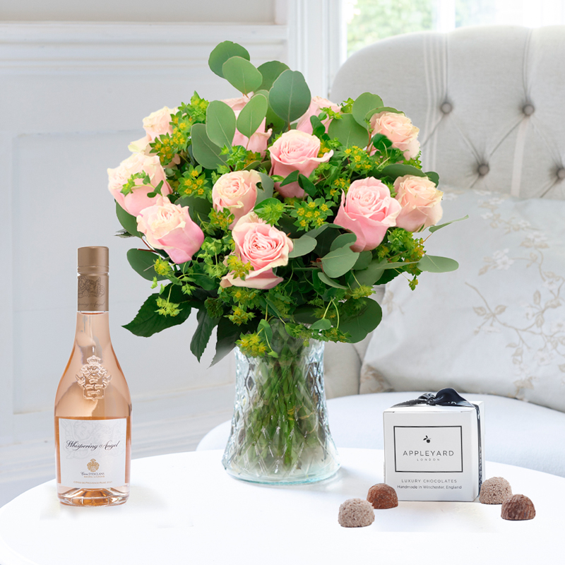 Flower Gift Set 12 Pink Roses, Whispering Angel Half Bottle & 6 Mixed Truffles - Flowers, Rosé Wine & Chocolates - Flowers gift set delivered