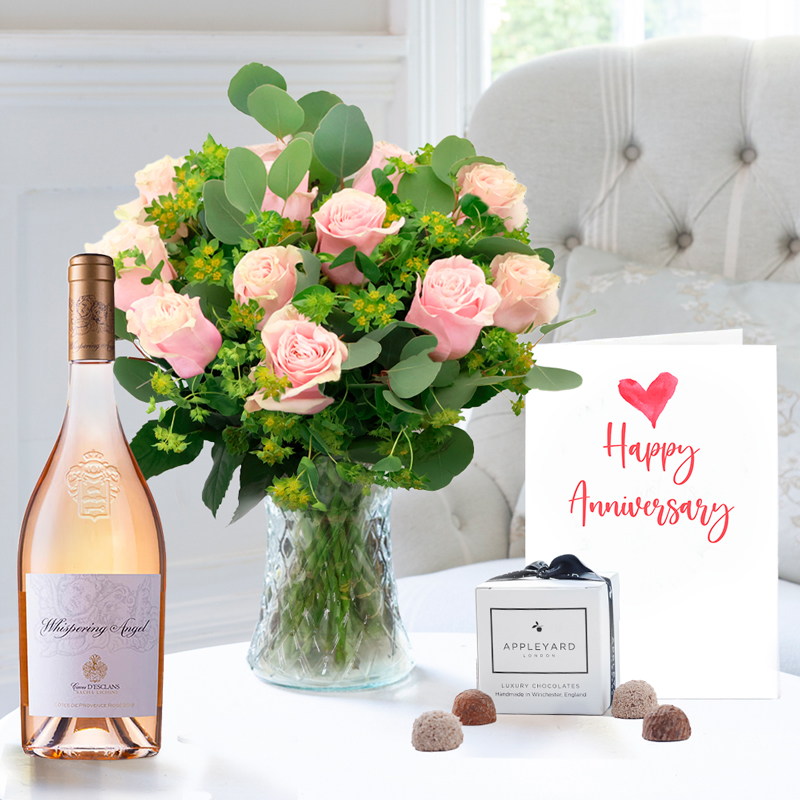Anniversary Flower Gift Set - 12 Sorbet Roses, Whispering Angel Rosé Wine, 6 Chocolate Truffles & Anniversary Card - Anniversary Gift - Anniversary