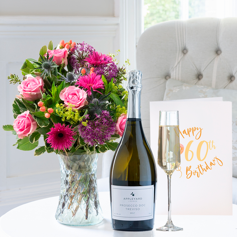 60th Birthday Gift Flower Gift Set - Birthday Gift - Lilies & Roses With Prosecco - Next Day Flower & Gift Delivery UK - Appleyard London