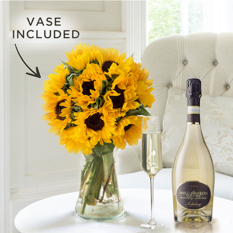 Flower Gift Set - Summer Sunflowers, Prosecco & Vase - Sunflowers - Next Day Flower & Gift Delivery UK - Appleyard London