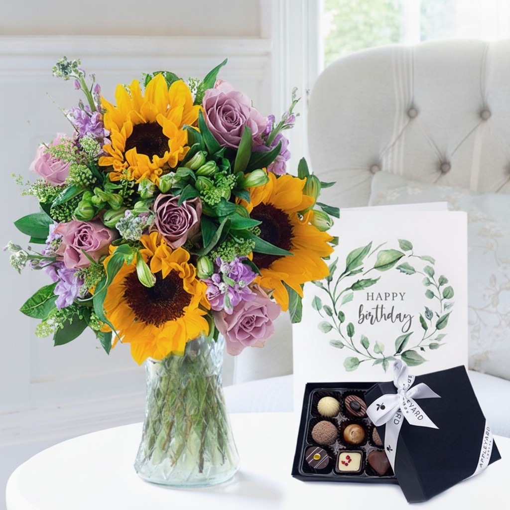 Birthday Flower Gift Set Birthday - Gift - Roses & Sunflowers With Chocolates - Next Day Flower & Gift Delivery UK - Appleyard London