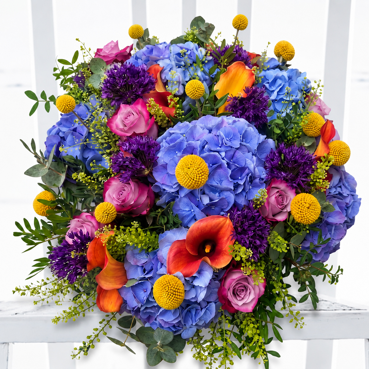 Luxury Summer Flower Bouquet - Purple Hydrangeas, Orange Calla Lilies & Pink Roses Bright - Summer Paradise - Next Day Flower Delivery UK