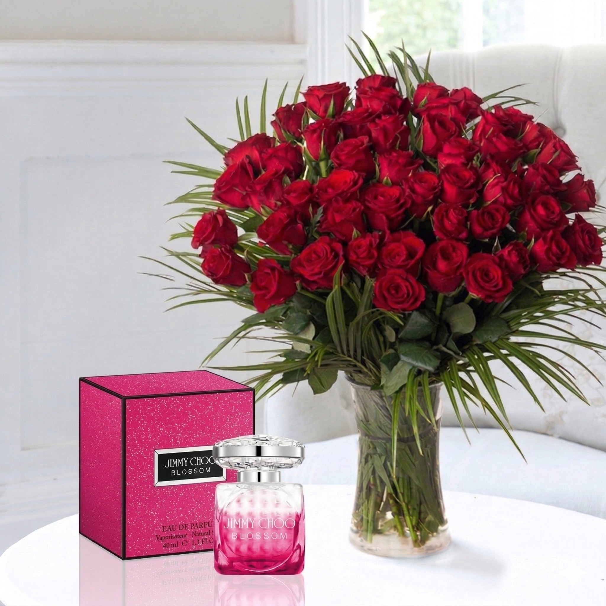 Flowers & Perfume - 50 Luxury Red Roses & Jimmy Choo Rose Passion Eau De Parfum & Romance Card - Next Day Flower & Gift Delivery UK - Appleyard