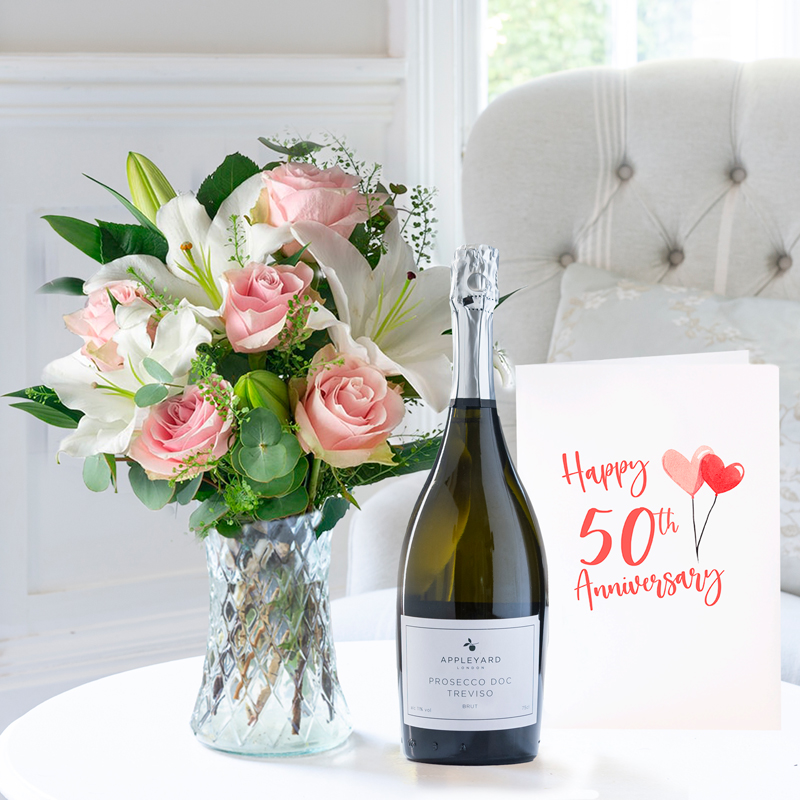 50th Anniversary Gift Flower Gift Set - Simply Rose & Lily, Appleyard Prosecco & Anniversary Card - Pink - Roses & Lilies - Next Day Flower & Gift