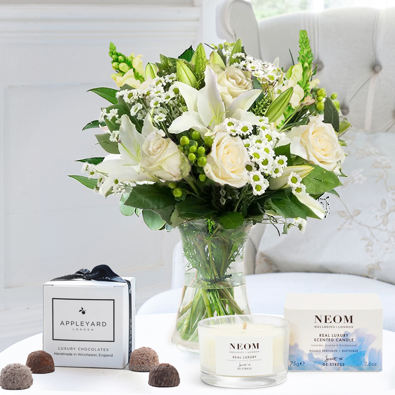 Flower Gift Set Simply White Rose & Lily, NEOM Real Luxury Candle & 6 Mixed Truffles - Next Day Flower & Gift Delivery UK - Appleyard London