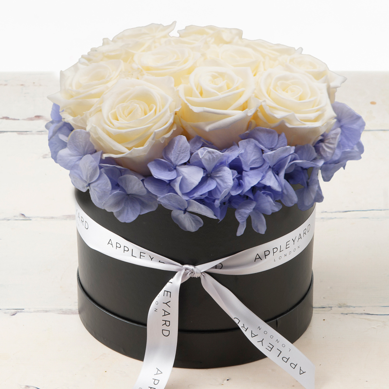 Forever Rose White & Lavender Hatbox - Preserved White Preserved Roses & Lavender Hydrangeas - Lasts A Year - Hatbox Flowers - Flower Bouquet - Next