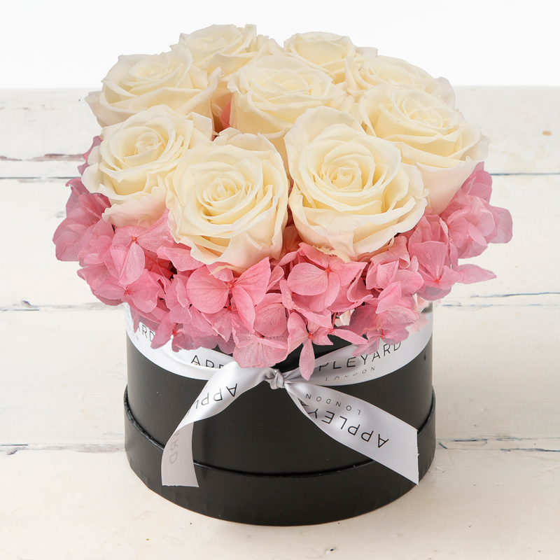Rose & Hydrangea Hatbox - Pink - Preserved Roses & Hydrangeas - Flower Bouquet - Next Day Flower Delivery UK - Appleyard London