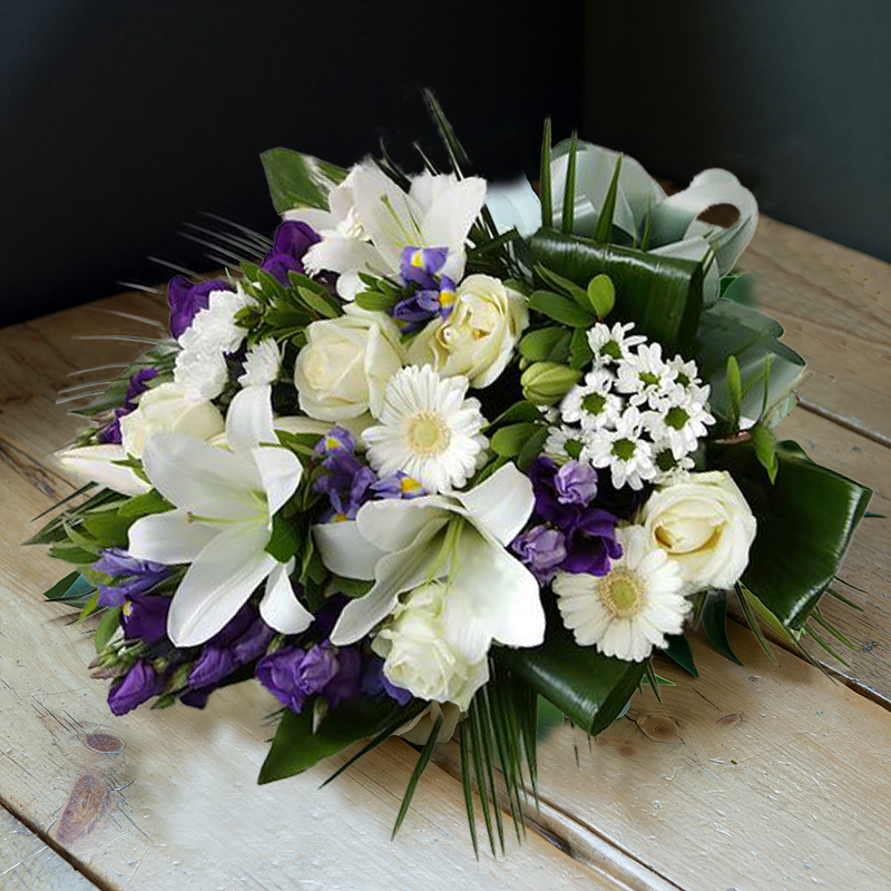 White Lily & Blue Iris Funeral Sheaf