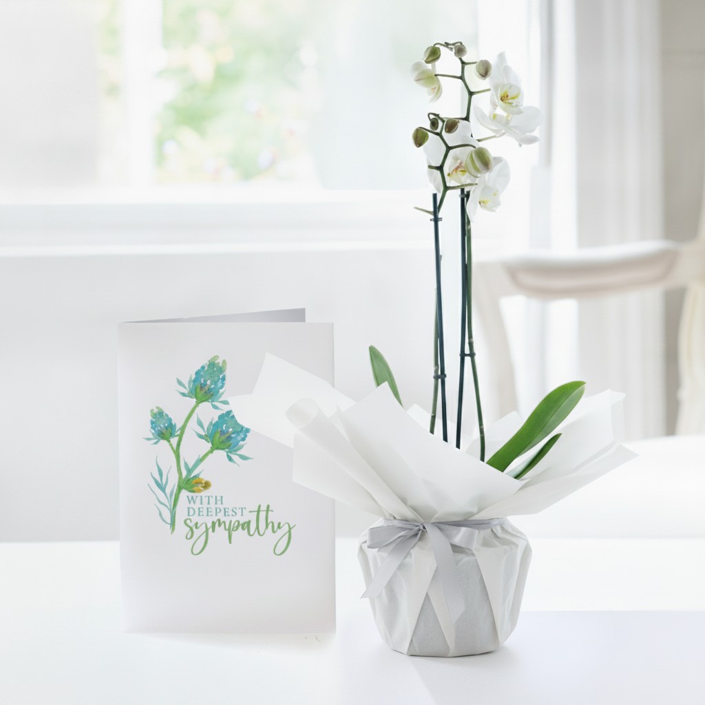 Double Stem White Orchid in Pot & Sympathy Card - Plant Gift Set - Next Day Plant & Gift Delivery UK - Appleyard London