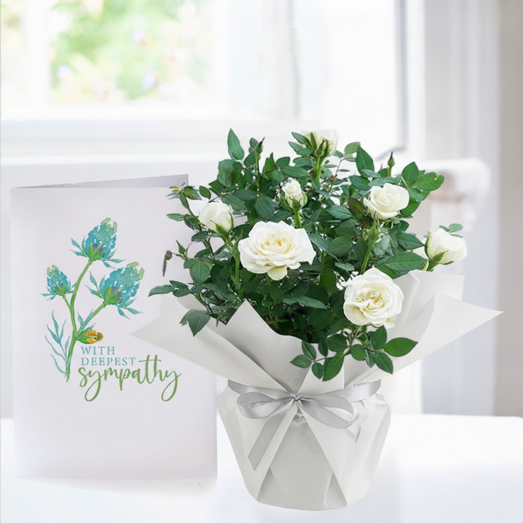White Rose Plant & Sympathy Card - Sympathy Plant Gifts - Plant Gift Set - Next Day Plant & Gift Delivery UK - Appleyard London