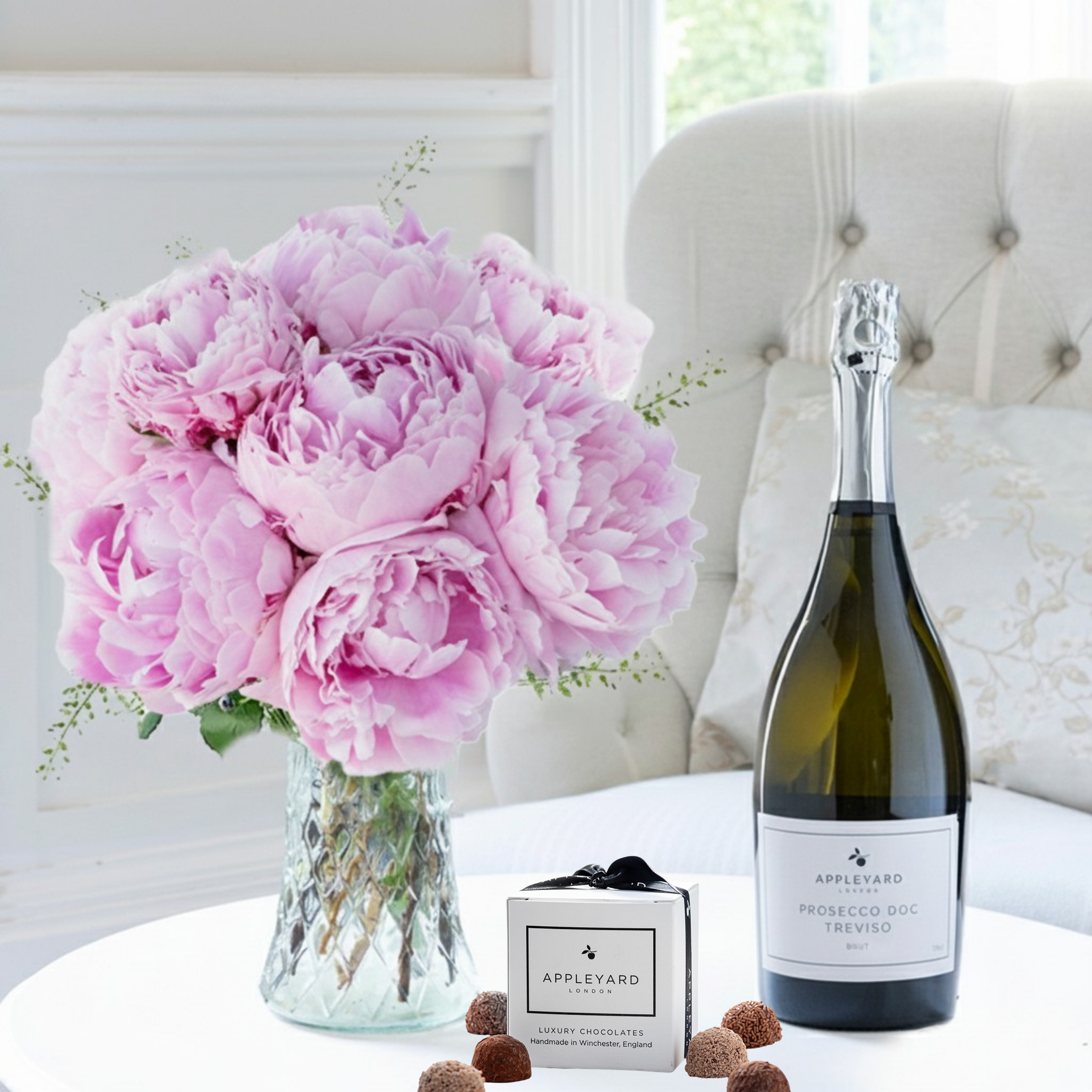 Flower Gift Set Pink Peonies, Prosecco & 6 Mixed Truffles - Stunning Gifts by Appleyard - Next Day Flower & Gift Delivery UK - Appleyard London